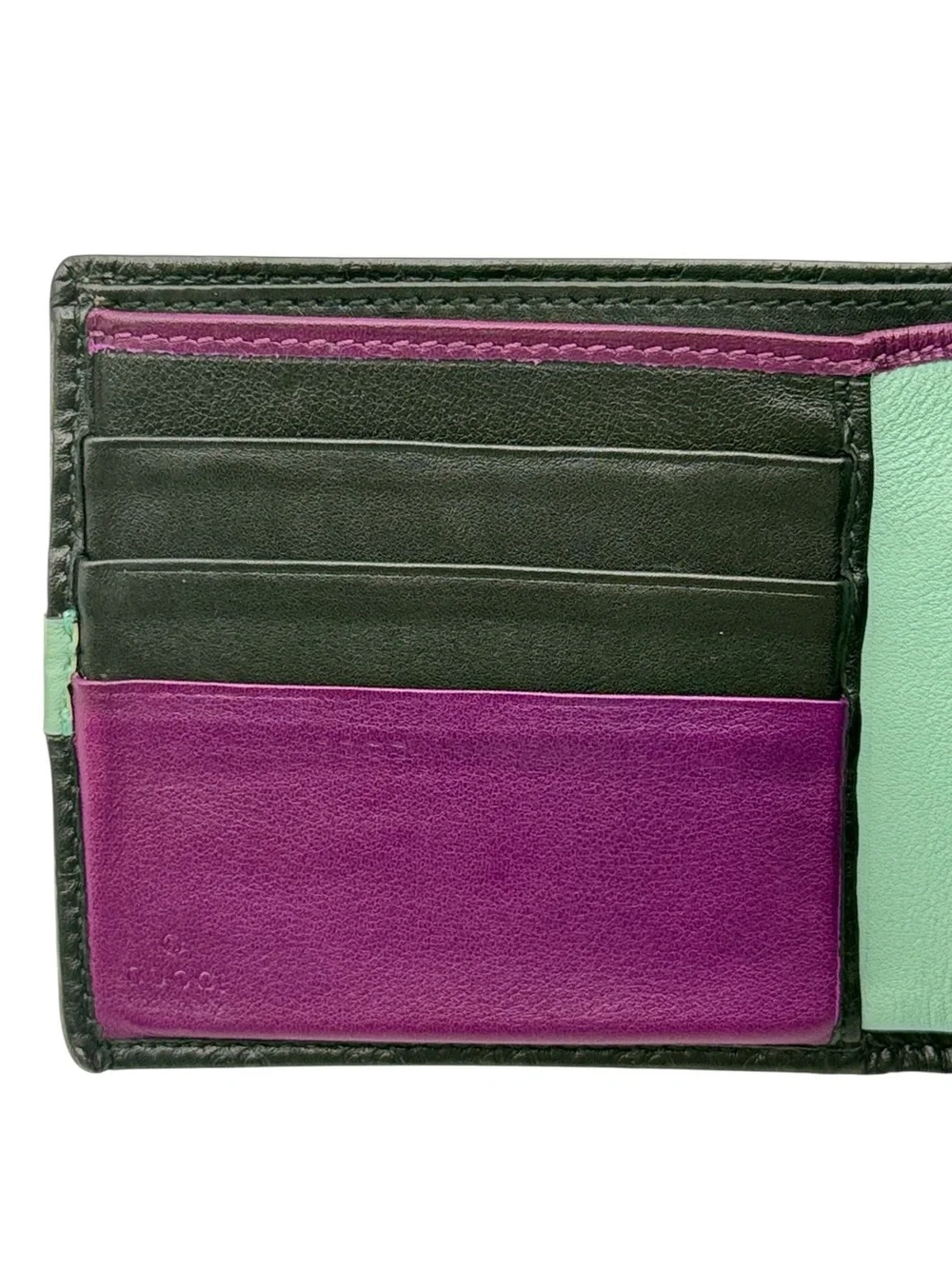 Gucci Microguccissima Bi-Fold Wallet Black Leather Purple Mint Interior